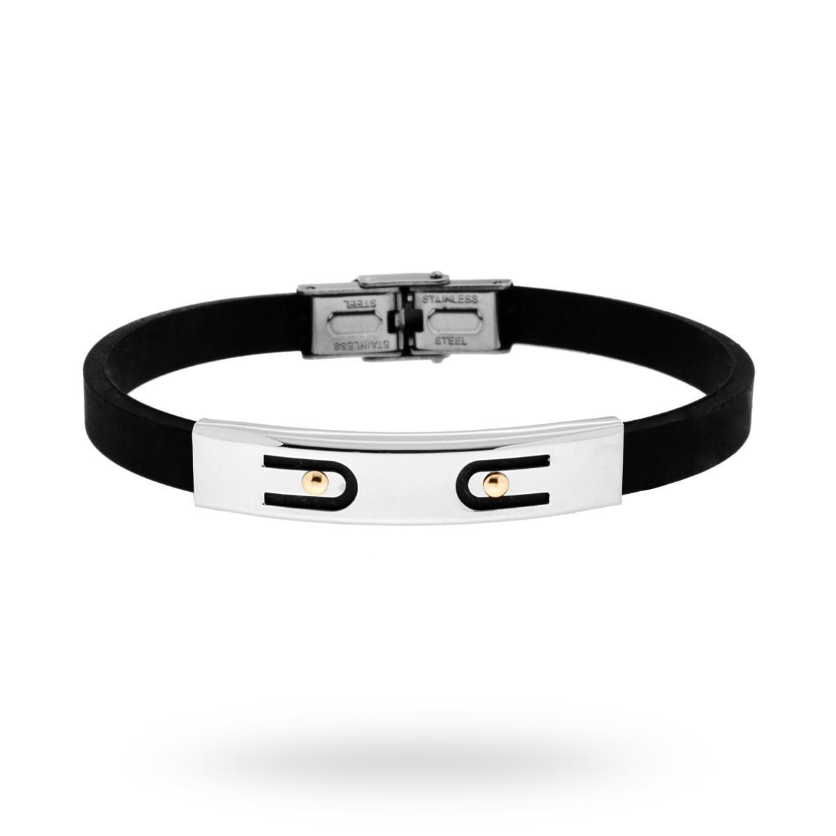 Bracciale in pvc nero e Targa con disegno geometrico e punti Oro in ACCIAIO