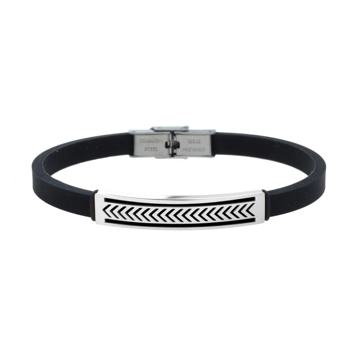 Bracciale Uomo in Caucciu PVC Nero con Targa e Decoro Geometrico in ACCIAIO<BR>