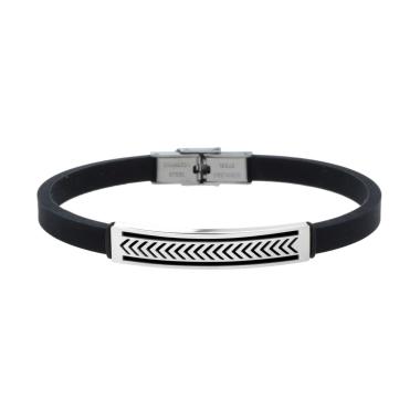 Bracciale Uomo in Caucciu PVC Nero con Targa e Decoro Geometrico in ACCIAIO<BR>