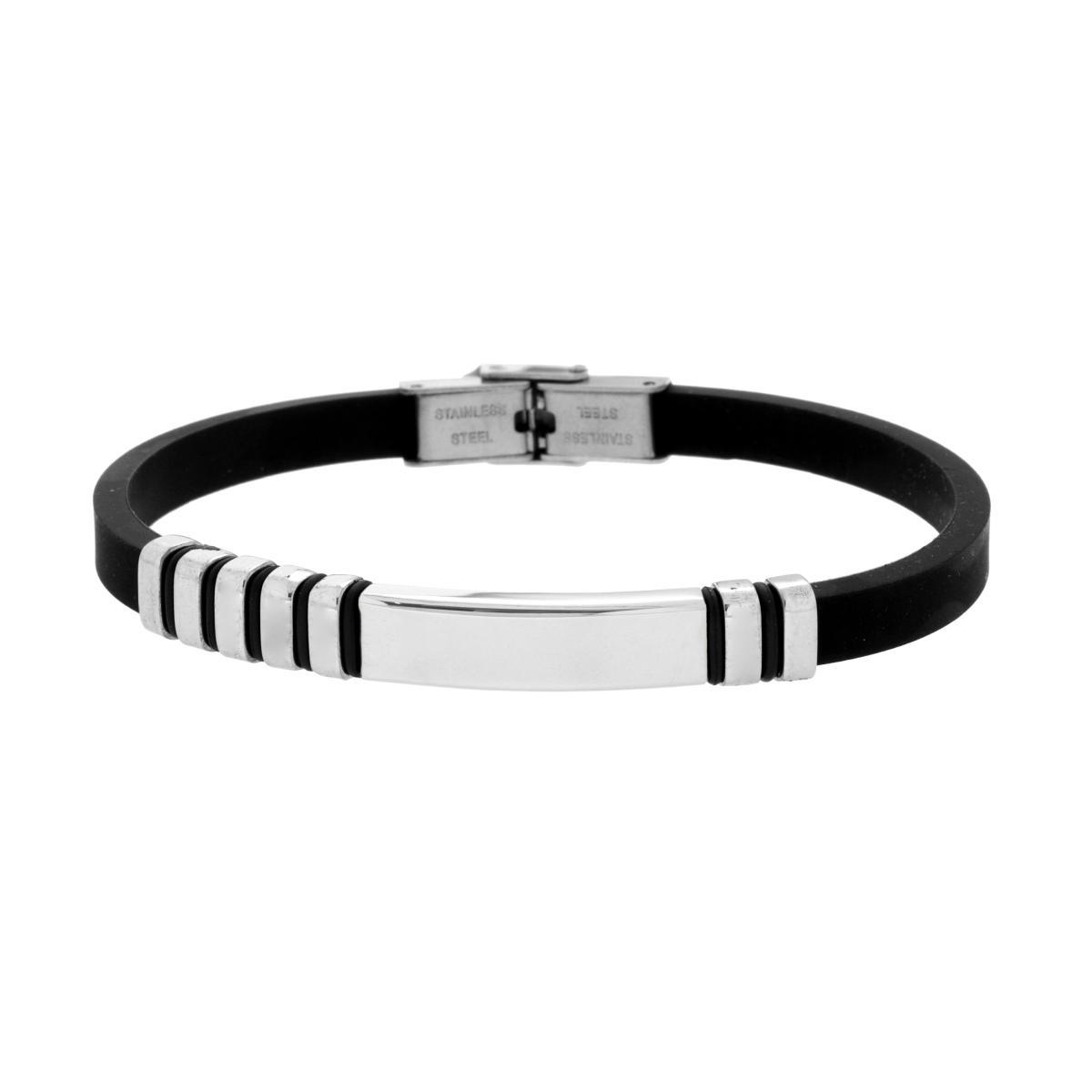 Bracciale Uomo in Caucciu PVC Nero con Targa e Accessori in ACCIAIO<BR>