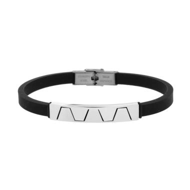 Bracciale Uomo in Caucciu PVC Nero con Targa e Decoro Geometrico in ACCIAIO<BR>