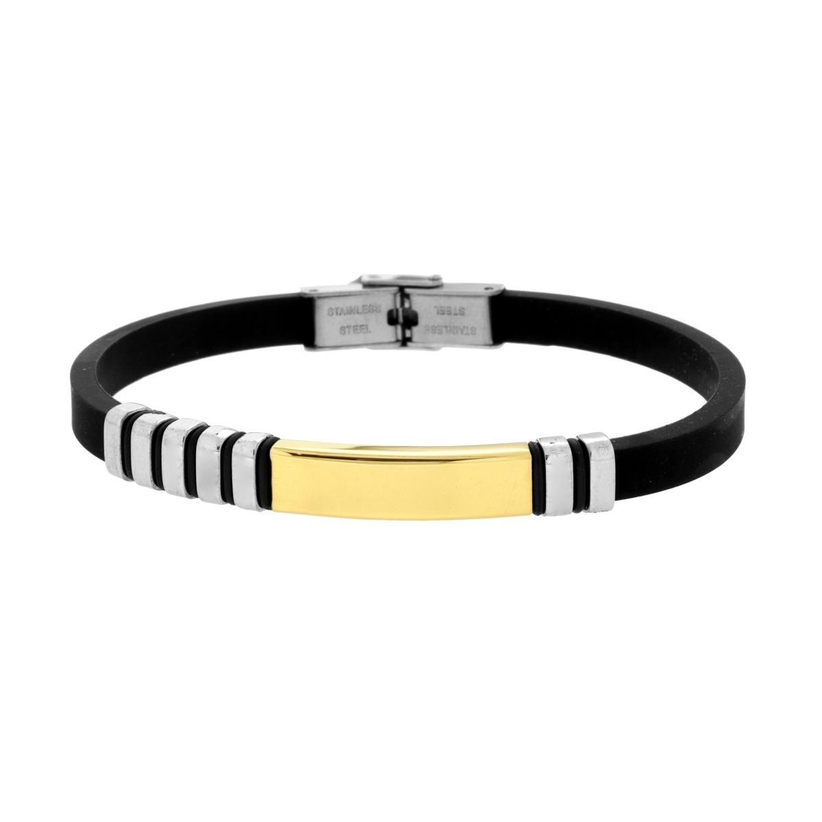 Bracciale Uomo in Caucciu PVC Nero con Targa colore Oro e Accessori in ACCIAIO<BR>
