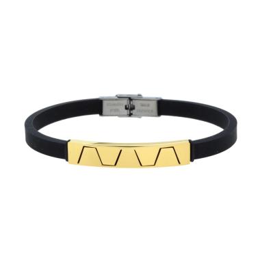 Bracciale Uomo in Caucciu PVC Nero con Targa colore Oro e Decoro Geometrico in ACCIAIO