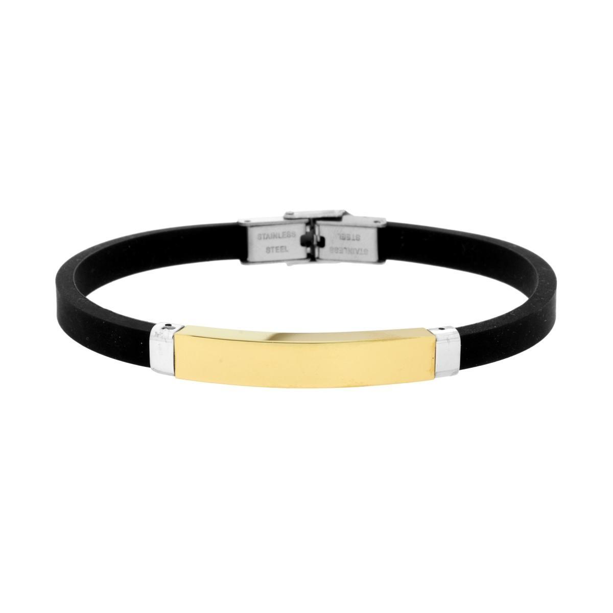 Bracciale Uomo in Caucciu PVC Nero con Targa colore Oro in ACCIAIO<BR>
