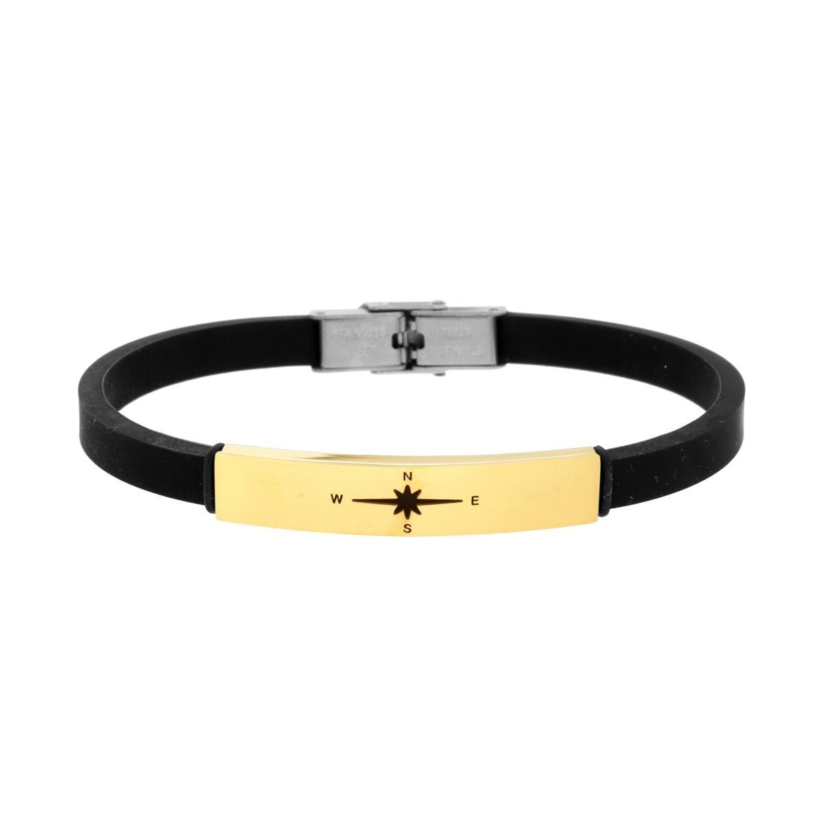 Bracciale Uomo in Caucciu PVC Nero con Targa colore Oro e Rosa dei Venti in ACCIAIO<BR>