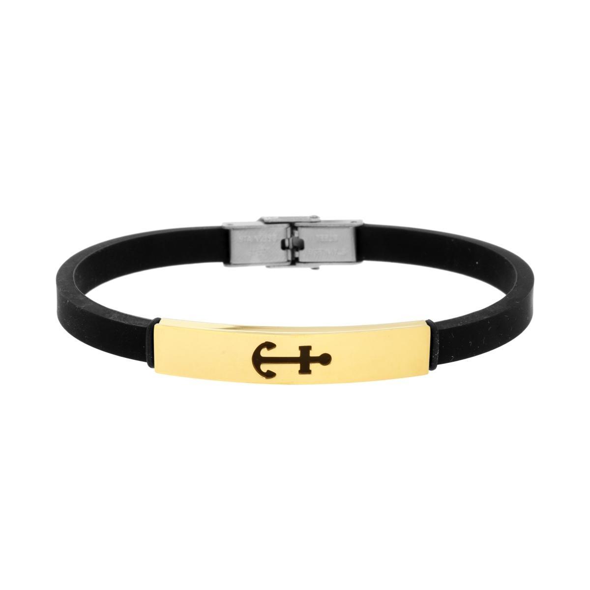 Bracciale Uomo in Caucciu PVC Nero con Targa colore Oro e Ancora in ACCIAIO<BR>