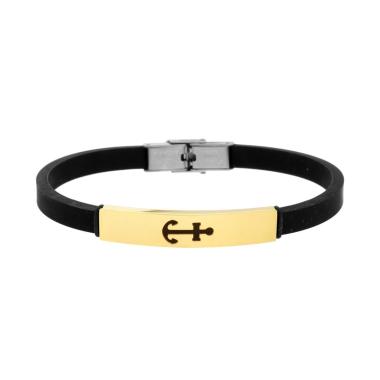 Bracciale Uomo in Caucciu PVC Nero con Targa colore Oro e Ancora in ACCIAIO<BR>