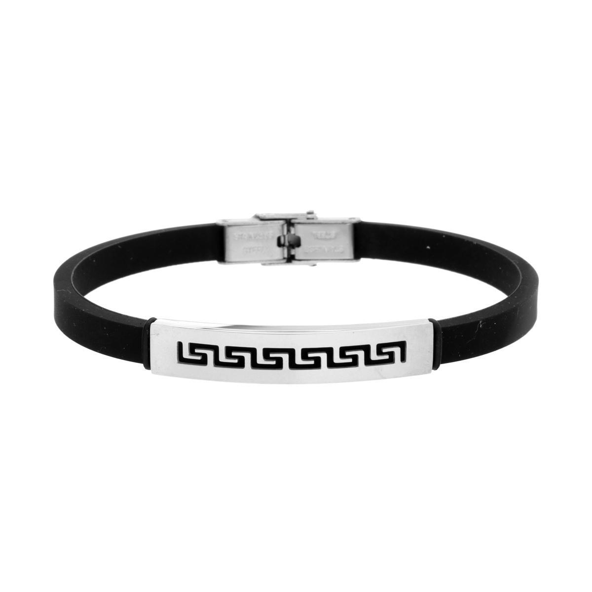 Bracciale Uomo in Caucciu PVC Nero con Targa e Decoro Geometrico in ACCIAIO<BR>