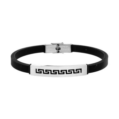 Bracciale Uomo in Caucciu PVC Nero con Targa e Decoro Geometrico in ACCIAIO<BR>
