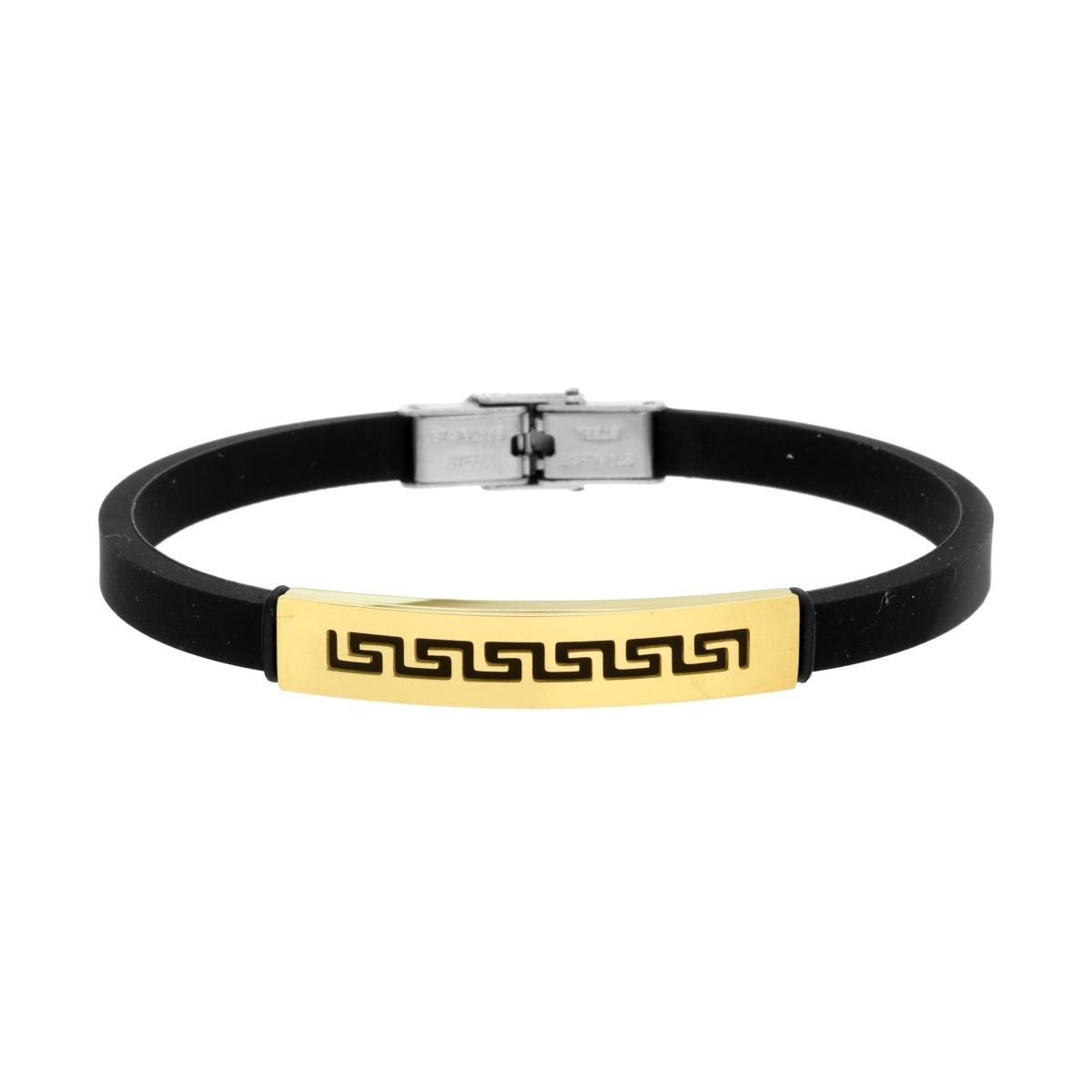 Bracciale Uomo in Caucciu PVC Nero con Targa colore Oro e Decoro Geometrico in ACCIAIO<BR>