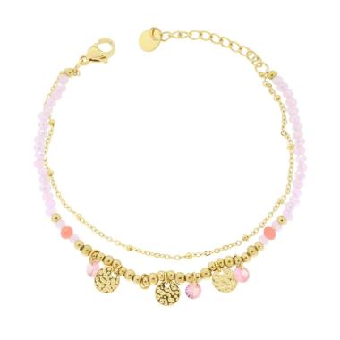 Bracciale due fili Catena con Palline Crystal Rosa e Tondi Martellati in ACCIAIO colore Oro<BR>