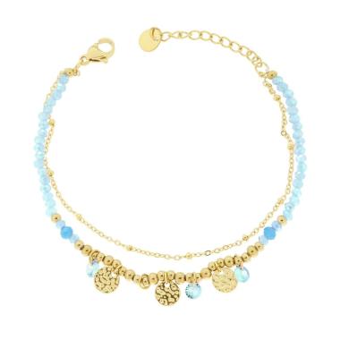Bracciale due fili Catena con Palline Crystal Azzurro e Tondi Martellati in ACCIAIO colore Oro<BR>
