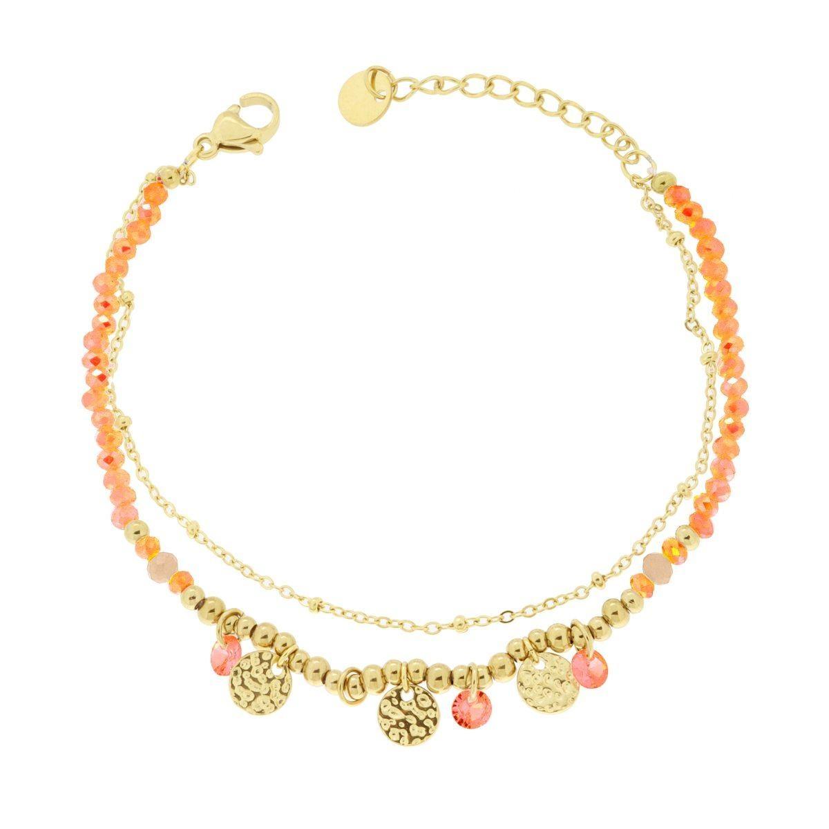 Bracciale due fili Catena con Palline Crystal Arancione e Tondi Martellati in ACCIAIO colore Oro<BR>