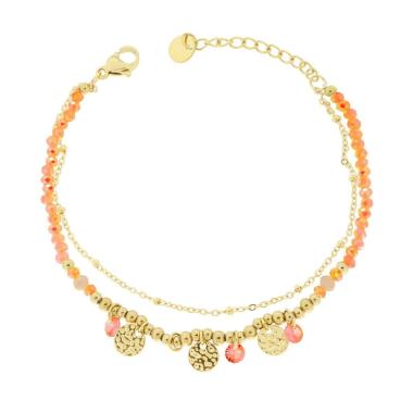 Bracciale due fili Catena con Palline Crystal Arancione e Tondi Martellati in ACCIAIO colore Oro<BR>