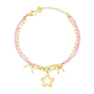 Bracciale due fili Catena con Cuori Crystal Rosa e Fiore Pendente in ACCIAIO colore Oro<BR>