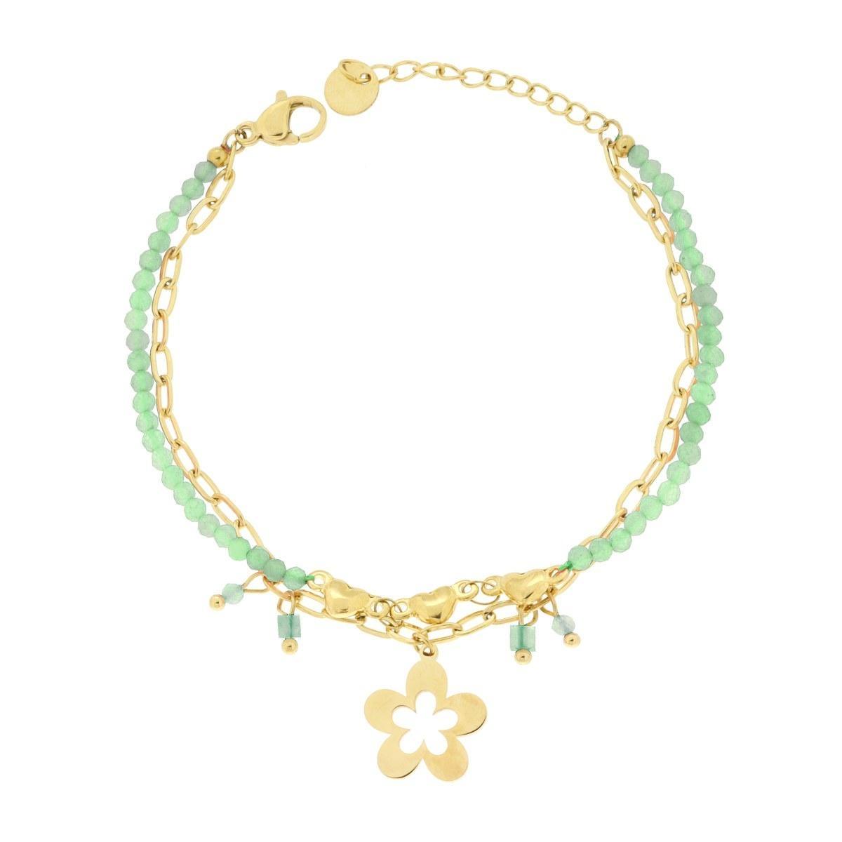 Bracciale due fili Catena con Cuori Crystal Verdi e Fiore Pendente in ACCIAIO colore Oro<BR>