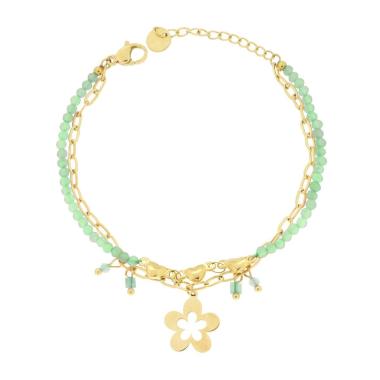 Bracciale due fili Catena con Cuori Crystal Verdi e Fiore Pendente in ACCIAIO colore Oro<BR>