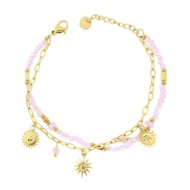 Bracciale due fili Catena con Palline Crystal Rosa e Sole Pendenti in ACCIAIO colore Oro<BR>