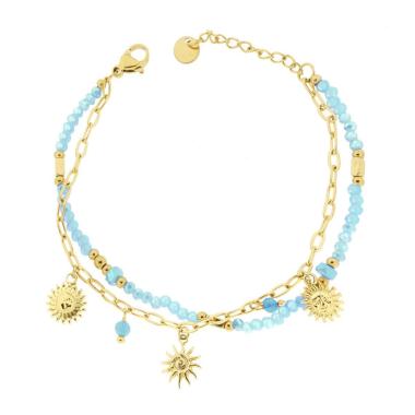 Bracciale due fili Catena con Palline Crystal Azzurro e Sole Pendenti in ACCIAIO colore Oro<BR>
