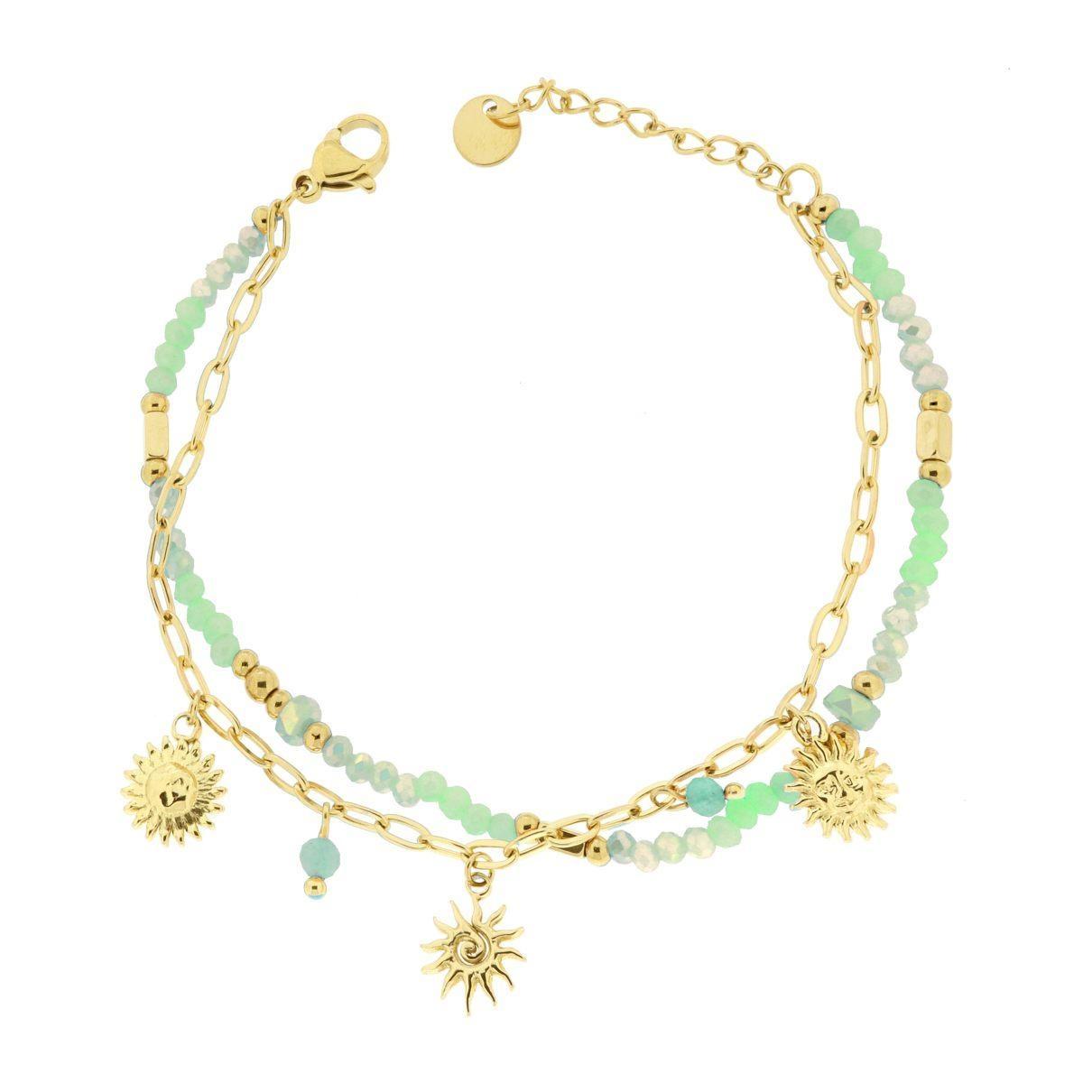 Bracciale due fili Catena con Palline Crystal Verde e Sole Pendenti in ACCIAIO colore Oro<BR>