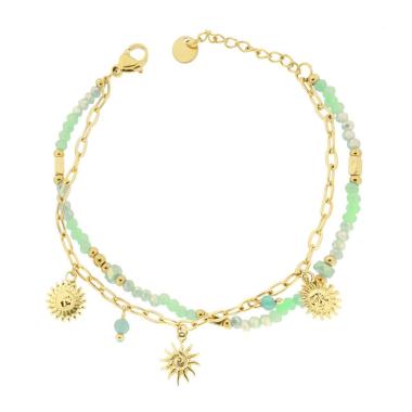 Bracciale due fili Catena con Palline Crystal Verde e Sole Pendenti in ACCIAIO colore Oro<BR>