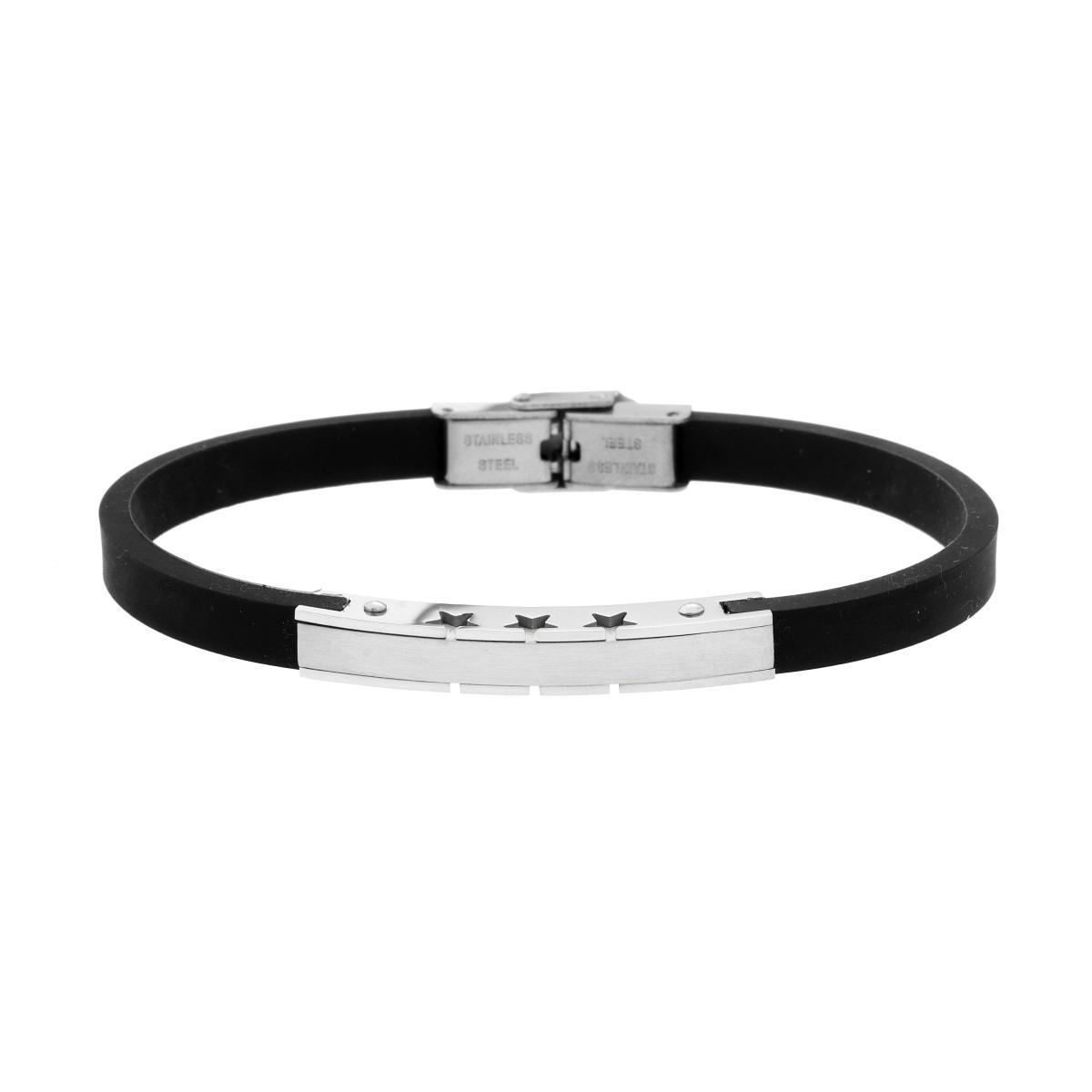Bracciale Uomo in Caucciu PVC Nero con Targa e Stelle in ACCIAIO<BR>