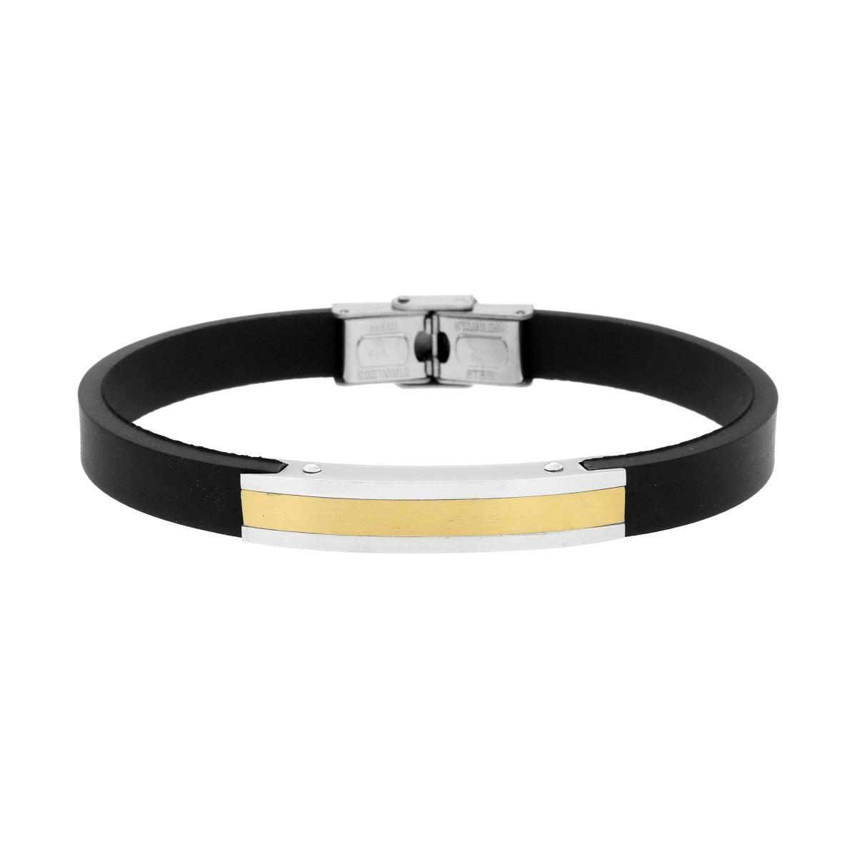 Bracciale Uomo in Caucciu PVC Nero con Targa colore Oro in ACCIAIO<BR>