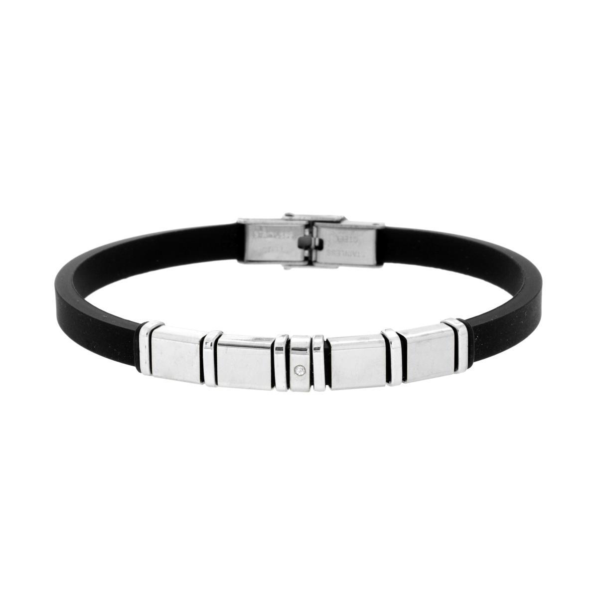 Bracciale Uomo in Caucciu PVC Nero con Accessori e Crystal Bianco in ACCIAIO<BR>