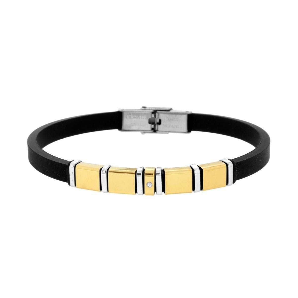 Bracciale Uomo in Caucciu PVC Nero con Accessori colore Oro e Crystal Bianco in ACCIAIO<BR>