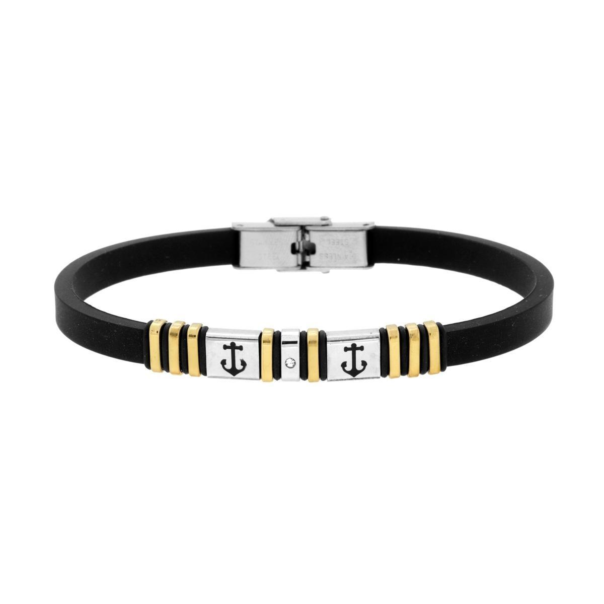 Bracciale Uomo in Caucciu PVC Nero con Accessori colore Oro con Ancore e Crystal Bianco in ACCIAIO<BR>