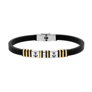 Bracciale Uomo in Caucciu PVC Nero con Accessori colore Oro con Ancore e Crystal Bianco in ACCIAIO