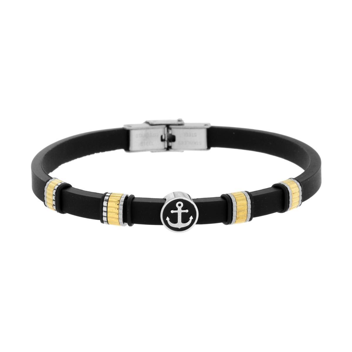 Bracciale Uomo in Caucciu PVC Nero con Accessori Dentellati colore Oro con Ancora centrale in ACCIAIO<BR>