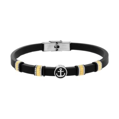 Bracciale Uomo in Caucciu PVC Nero con Accessori Dentellati colore Oro con Ancora centrale in ACCIAIO