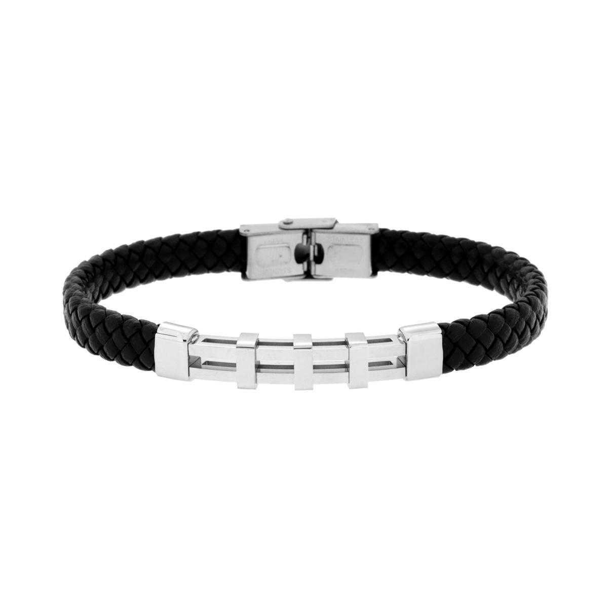 Bracciale Uomo in Ecopelle Intrecciata Nero con Targa Traforata in ACCIAIO<BR>