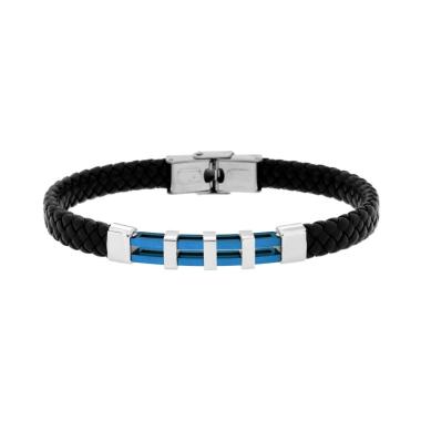 Bracciale Uomo in Ecopelle Intrecciata Nero con Targa Traforata e colore Blu in ACCIAIO<BR>