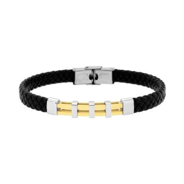 Bracciale Uomo in Ecopelle Intrecciata Nero con Targa Traforata e colore Oro in ACCIAIO<BR>