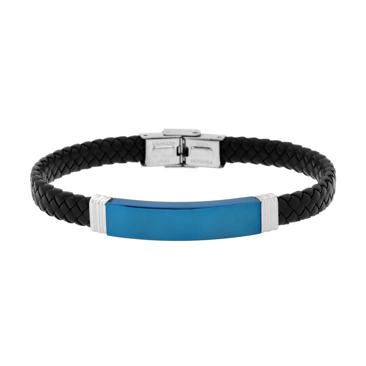 Bracciale Uomo in Ecopelle Intrecciata Nero con Targa colore Blu in ACCIAIO<BR>