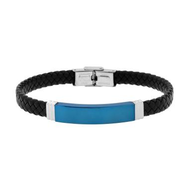 Bracciale Uomo in Ecopelle Intrecciata Nero con Targa colore Blu in ACCIAIO<BR>