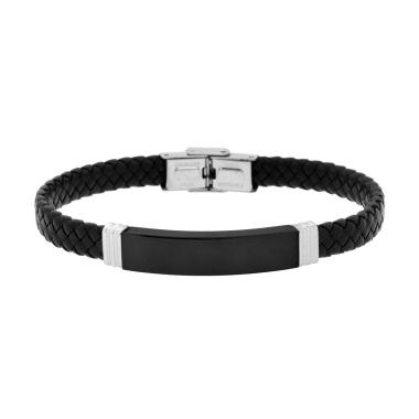 Bracciale Uomo in Ecopelle Intrecciata Nero con Targa colore Nero in ACCIAIO<BR>