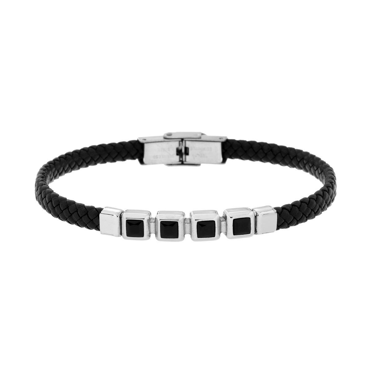 Bracciale Uomo in Ecopelle Intrecciata Nero con Targa con Crystal Neri Carre in ACCIAIO<BR>