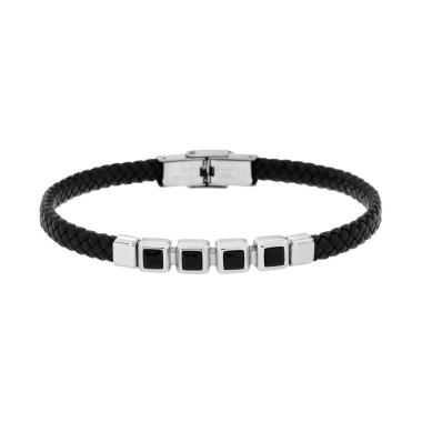 Bracciale Uomo in Ecopelle Intrecciata Nero con Targa con Crystal Neri Carre in ACCIAIO<BR>