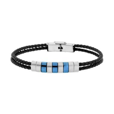 Bracciale Uomo due fili in Ecopelle Intrecciata Nero con accessori colore Blu in ACCIAIO