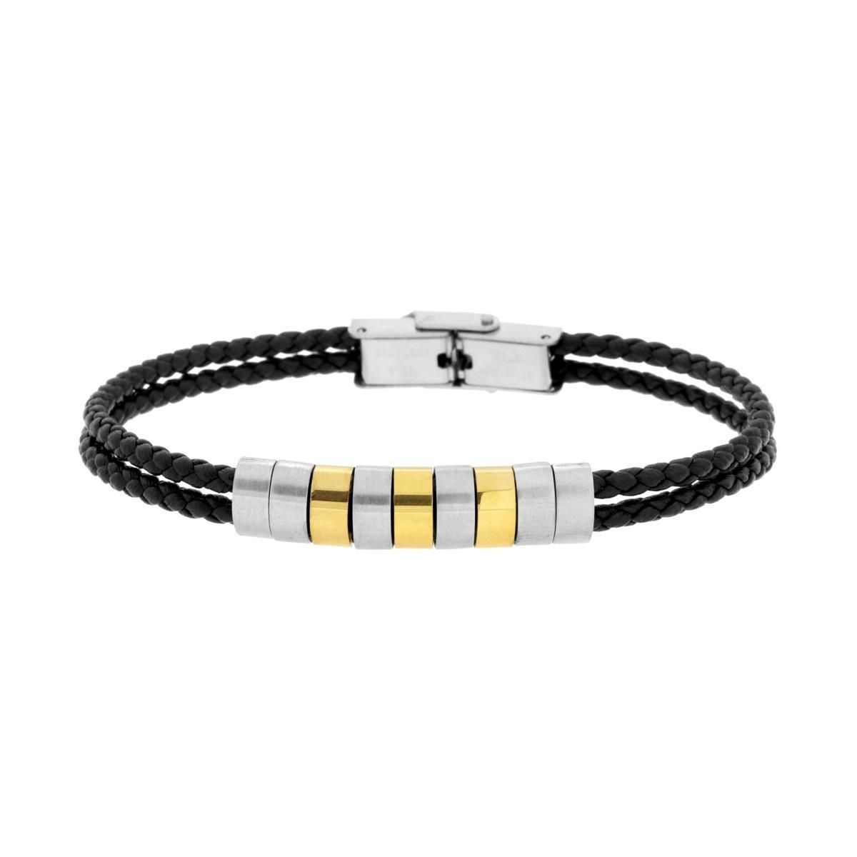 Bracciale Uomo due fili in Ecopelle Intrecciata Nero con accessori colore Oro in ACCIAIO<BR>
