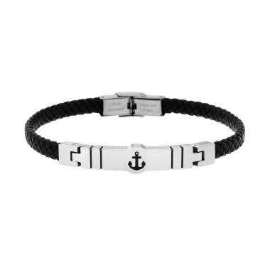 Bracciale Uomo in Ecopelle Intrecciata Nero con Targa con Ancora in ACCIAIO<BR>