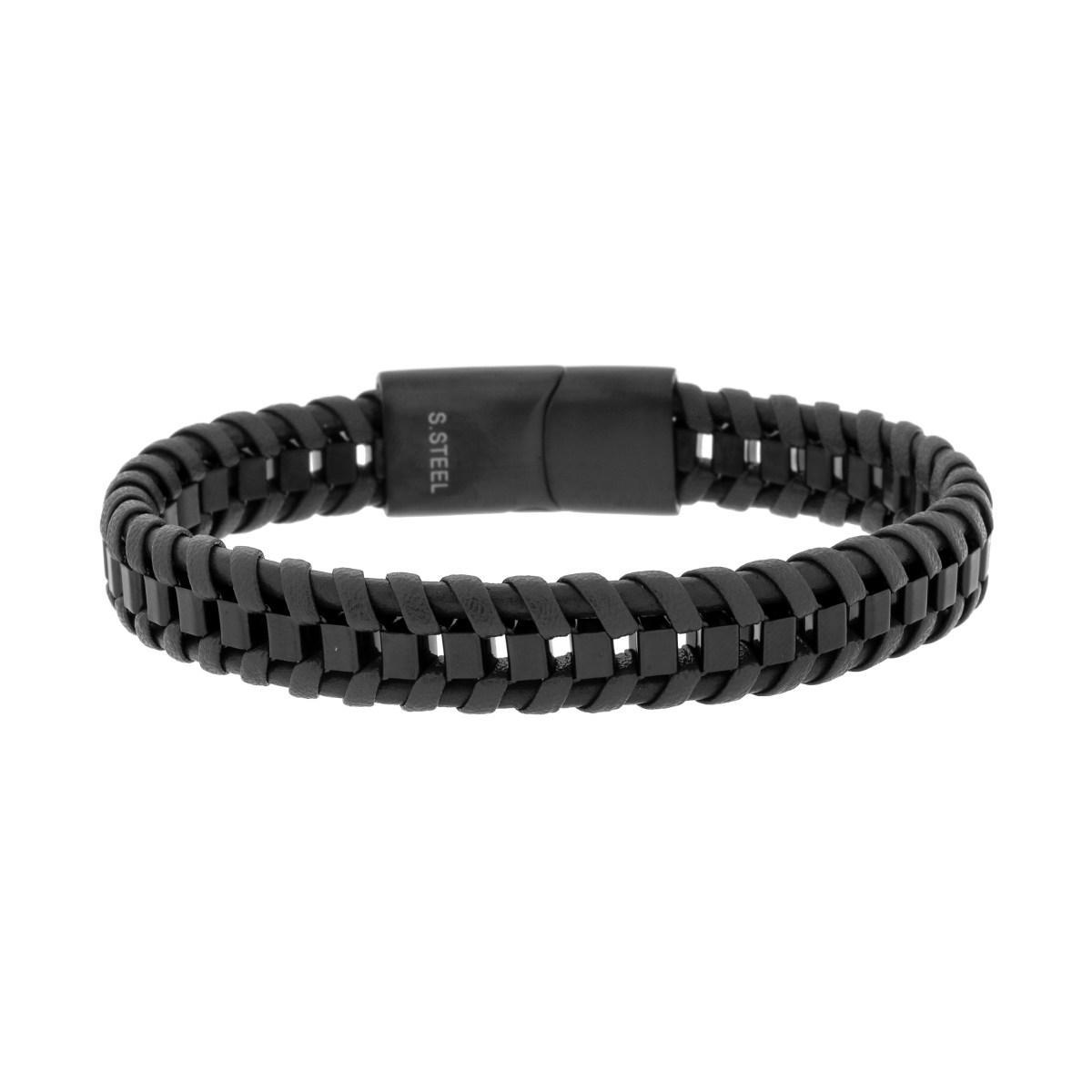 Bracciale Uomo in Ecopelle Intrecciata Nero su Catena Veneziana in ACCIAIO colore Nero