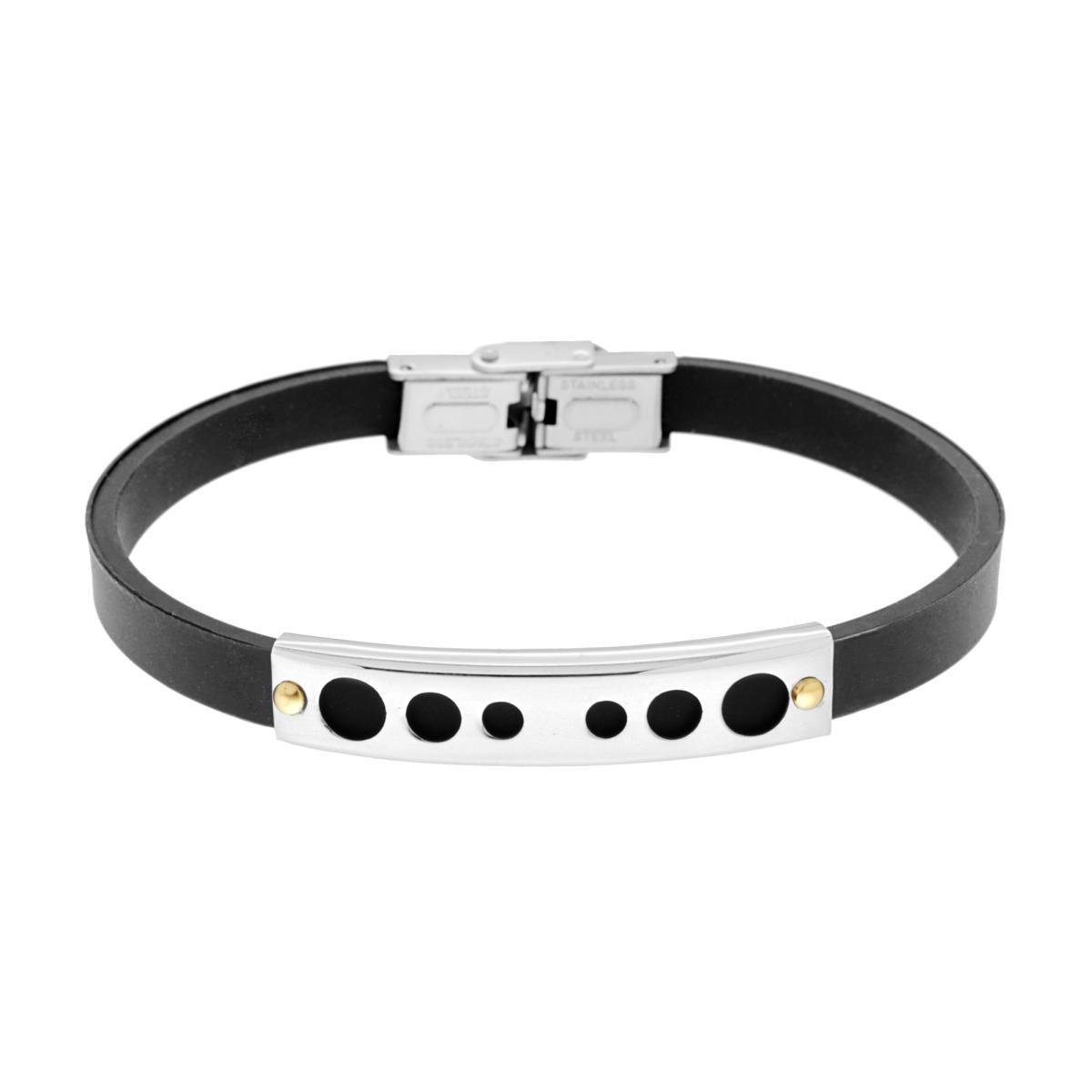 Bracciale Uomo in Caucciu Nero con Targa Decoro Geometrico e Punti colore Oro in ACCIAIO<BR>