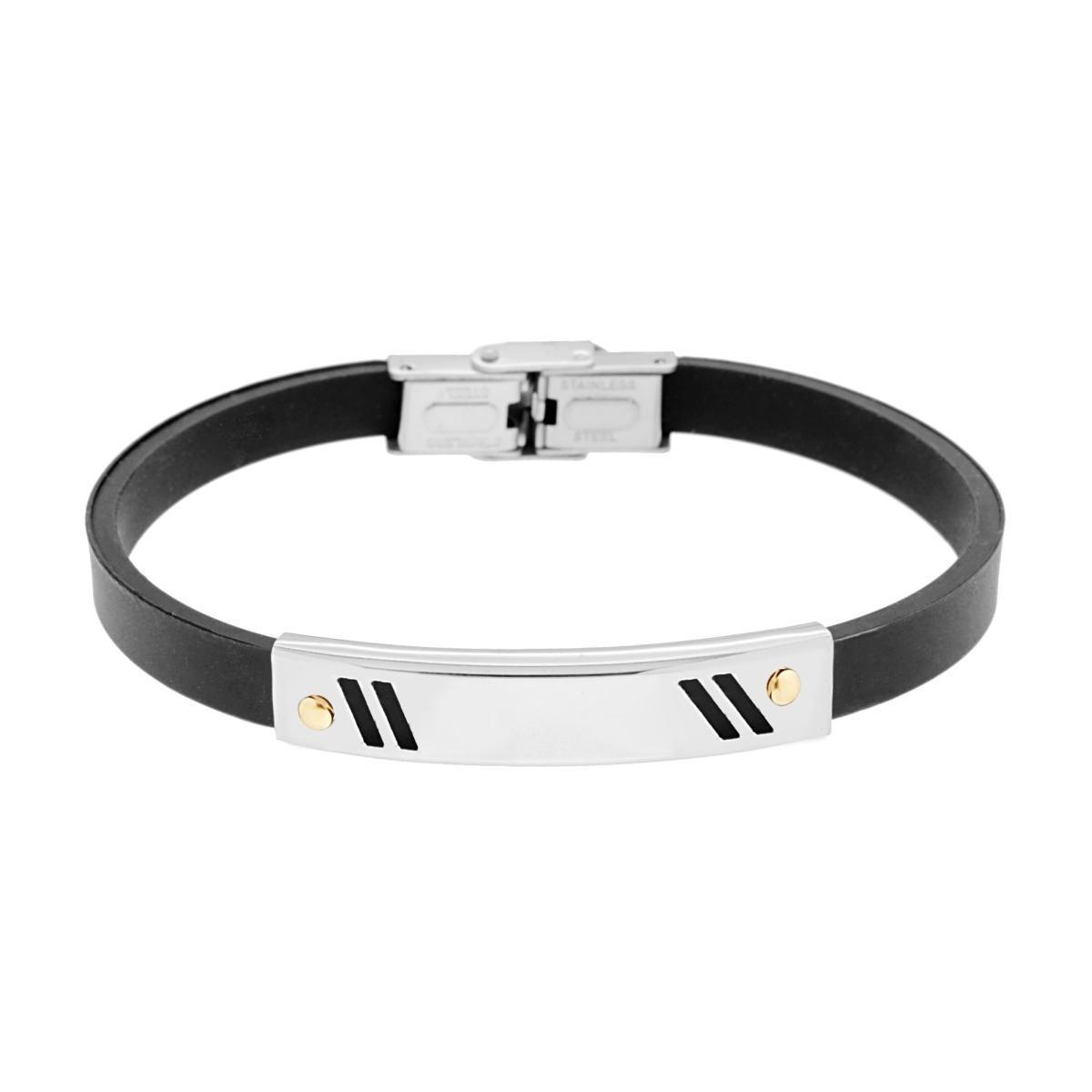 Bracciale Uomo in Caucciu Nero con Targa Decoro Geometrico e Punti colore Oro in ACCIAIO<BR>