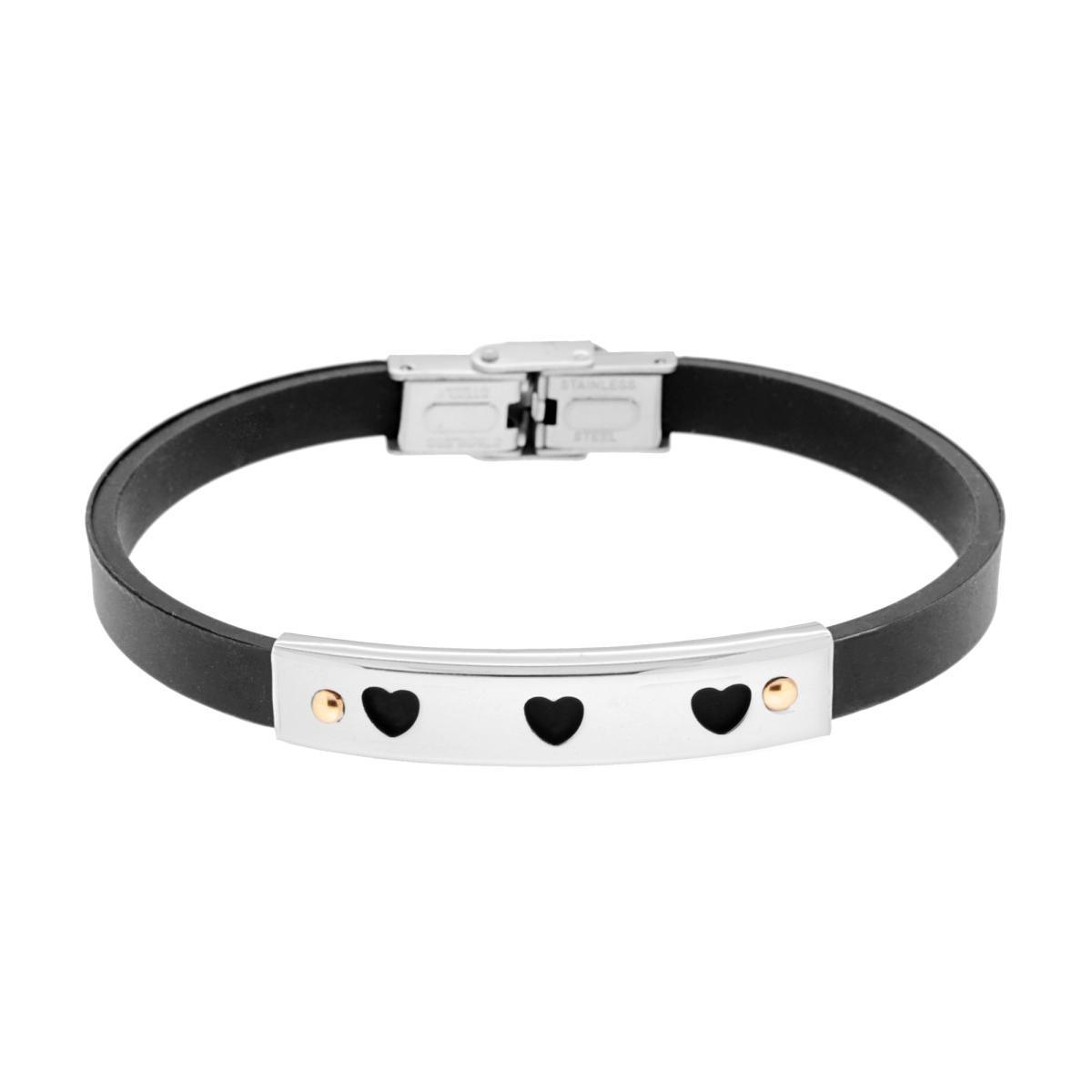 Bracciale Uomo in Caucciu Nero con Targa Cuori e Punti colore Oro in ACCIAIO<BR>