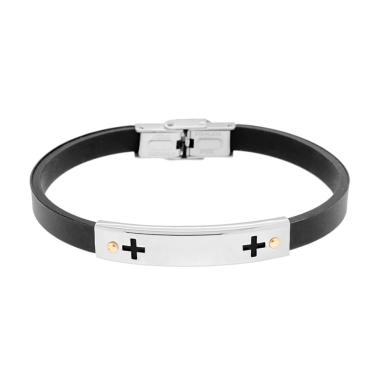 Bracciale Uomo in Caucciu Nero con Targa Decoro Geometrico e Punti colore Oro in ACCIAIO