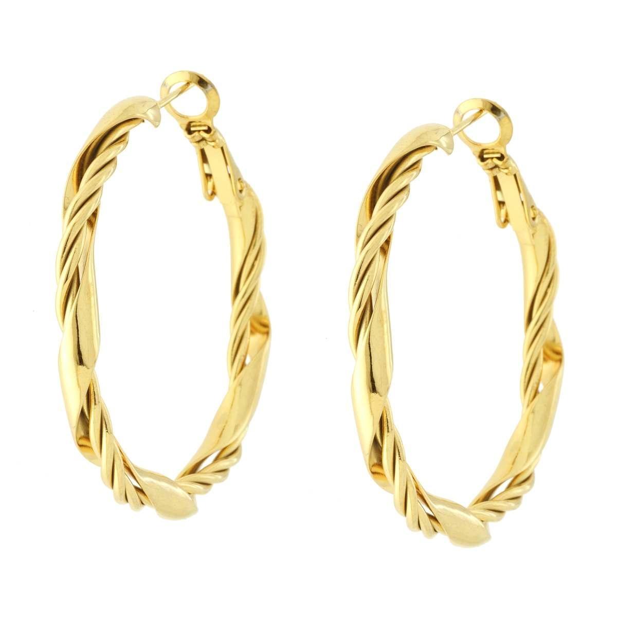 Orecchini Cerchio Torchon mm 35 in ACCIAIO colore Oro<BR>